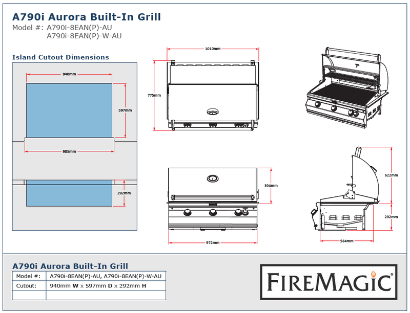 Fire Magic Grills Aurora A790i Built-In Grill With Analog Thermometer, Back Burner & Rotisserie Kit