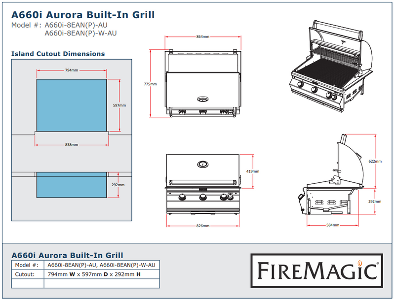Fire Magic Grills Aurora A660i Built-In Grill With Analog Thermometer, Back Burner & Rotisserie Kit